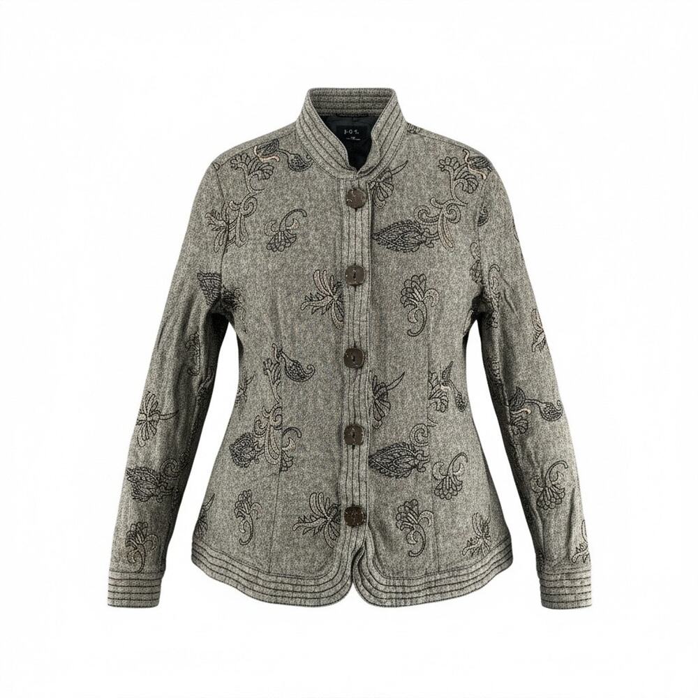 Vintage Y2K RQT Gray and Black Embroidered Shirt Jacket Shacket Boho Medium